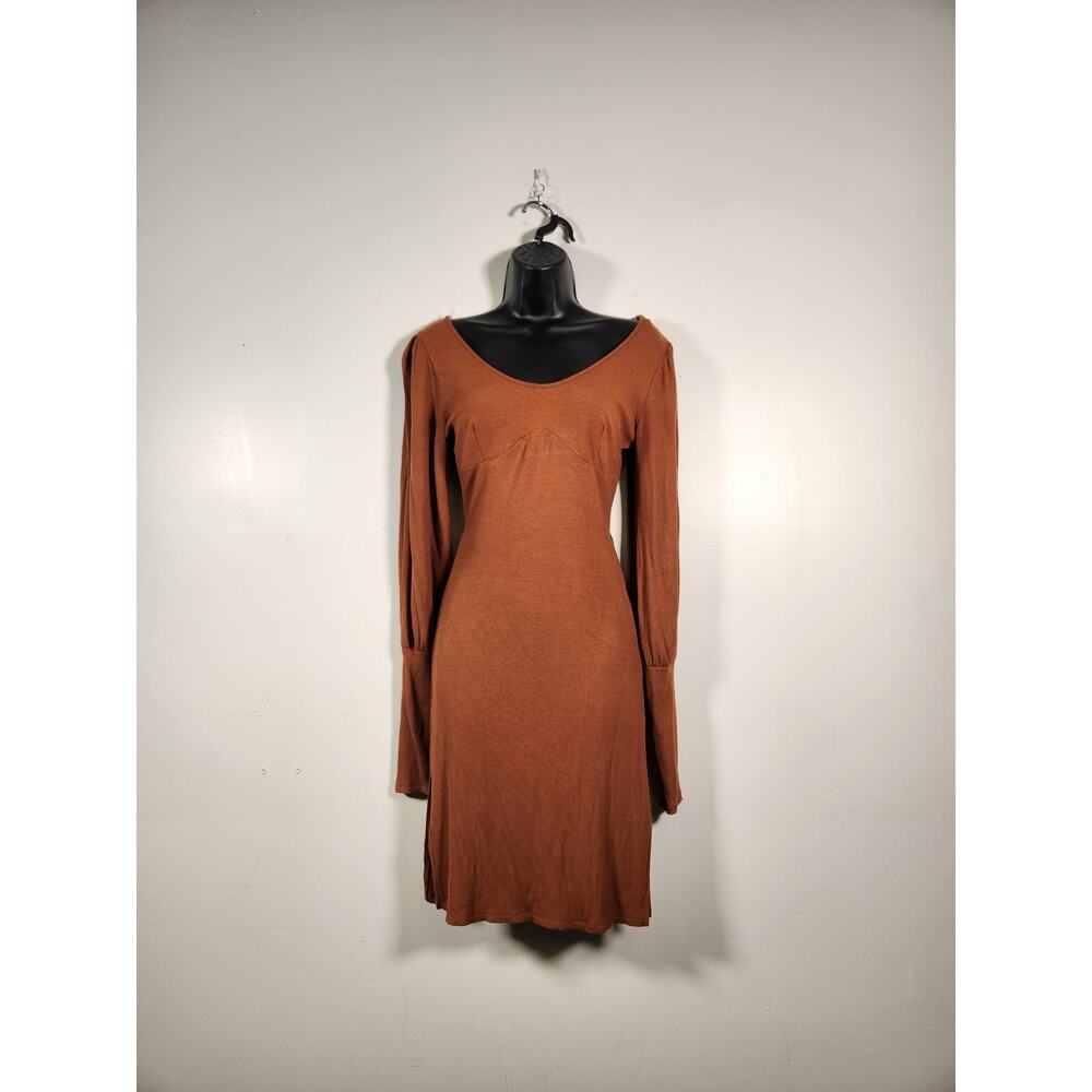 FIRESTAR LS Ribbed Knit Open Back Knee Length Dress Womens L Rust Orange FLAW